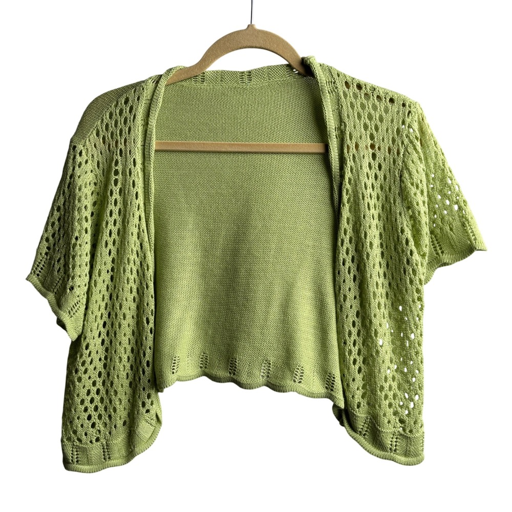 Womens Lime Green Crochet Knit Open Front Shrug Bolero Short Sleeve Sweater XL